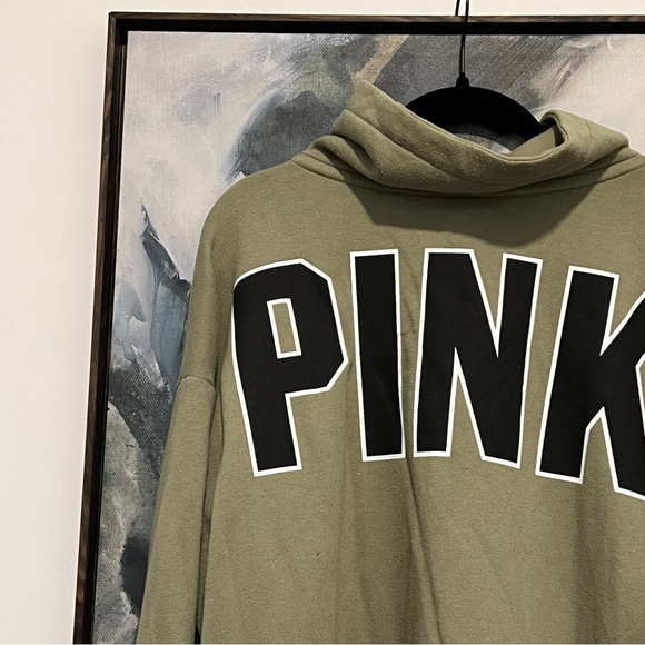 Pink Victoria Secret green long sleeve stripe detail kangaroo pocket pullover L - Picture 6 of 9